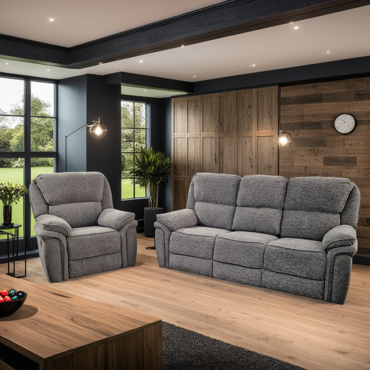 Belmont Sofa Set Grey Fabric High Back with Manual Recliners Sheffield Discount Furniture
