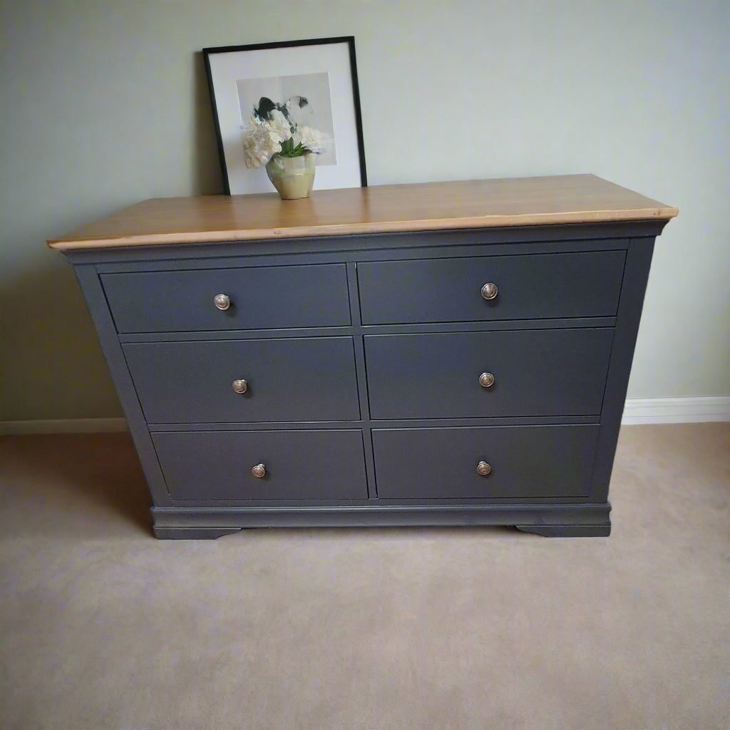 Midnight blue wide 6 draw chest, oak top Bedroom / Dressing Tables Sheffield Discount Furniture