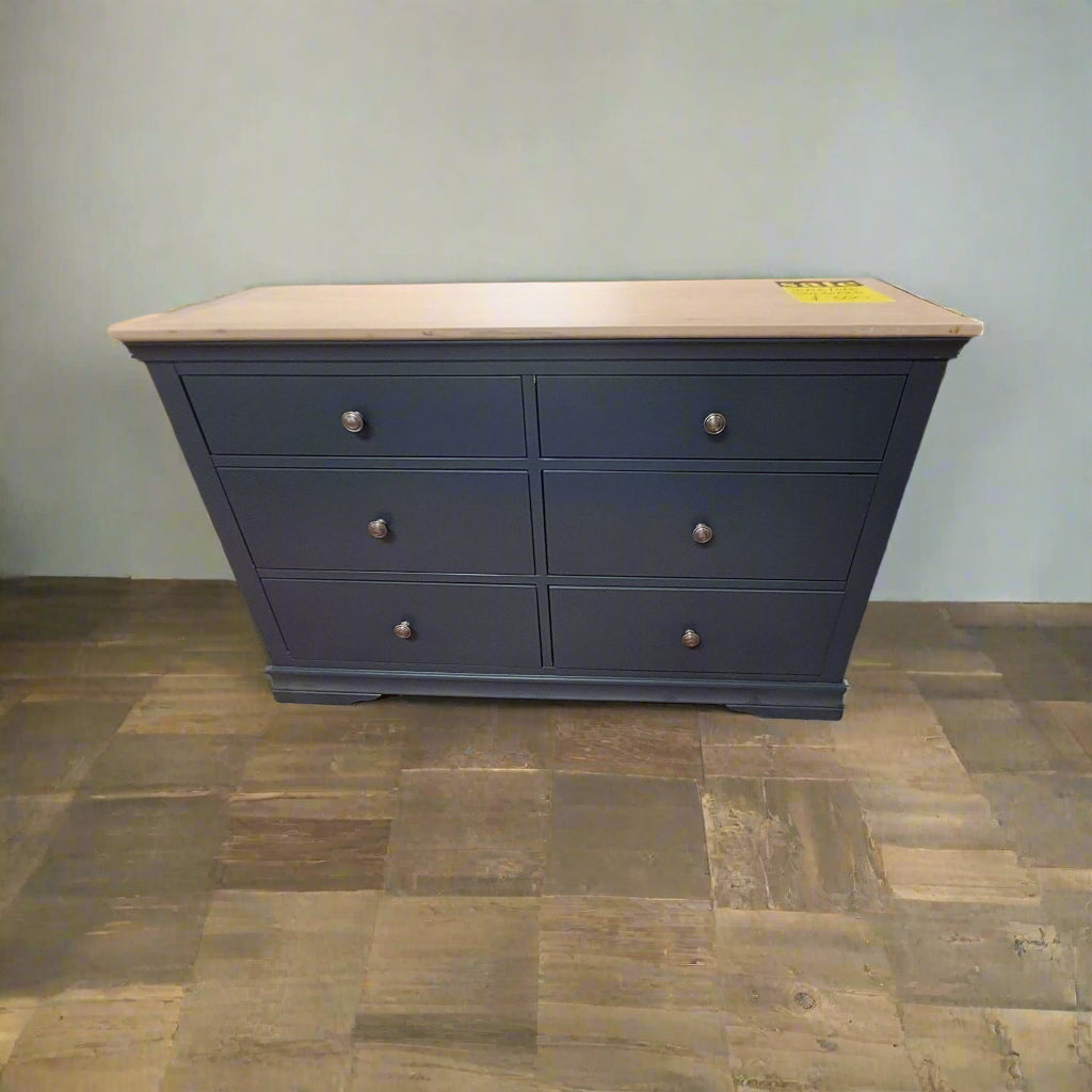 Midnight blue wide 6 draw chest, oak top Bedroom / Dressing Tables Sheffield Discount Furniture