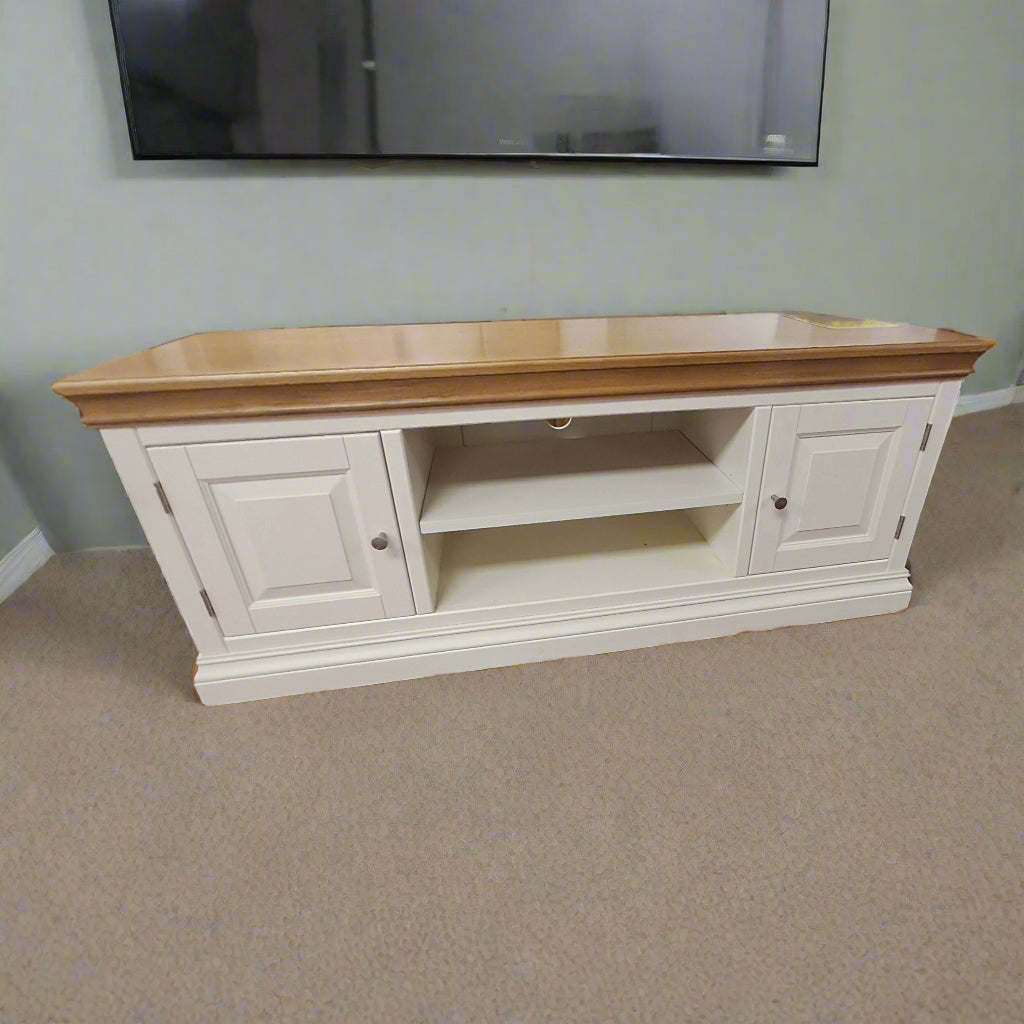 Ivory TV stand, oak top. 2 doors, large open media centre Sheffield Discount Furniture