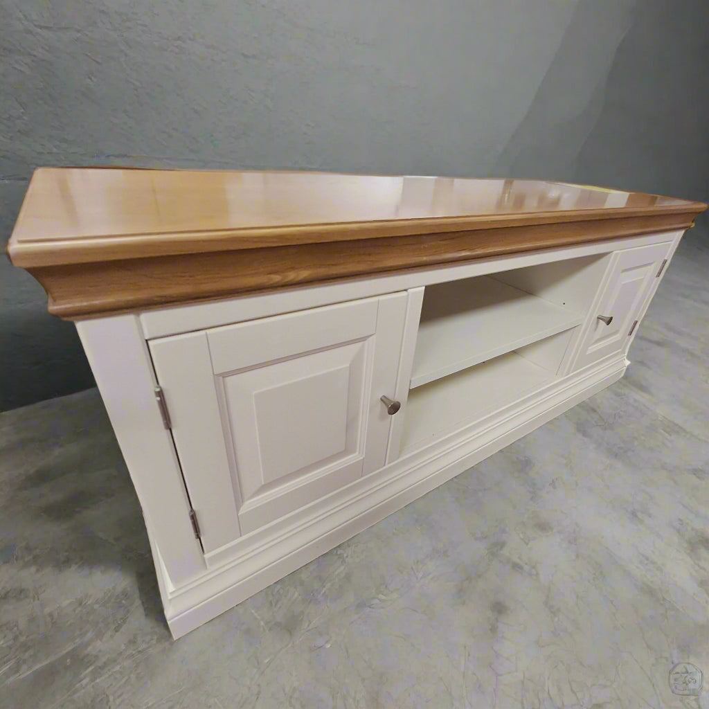 Ivory TV stand, oak top. 2 doors, large open media centre Sheffield Discount Furniture