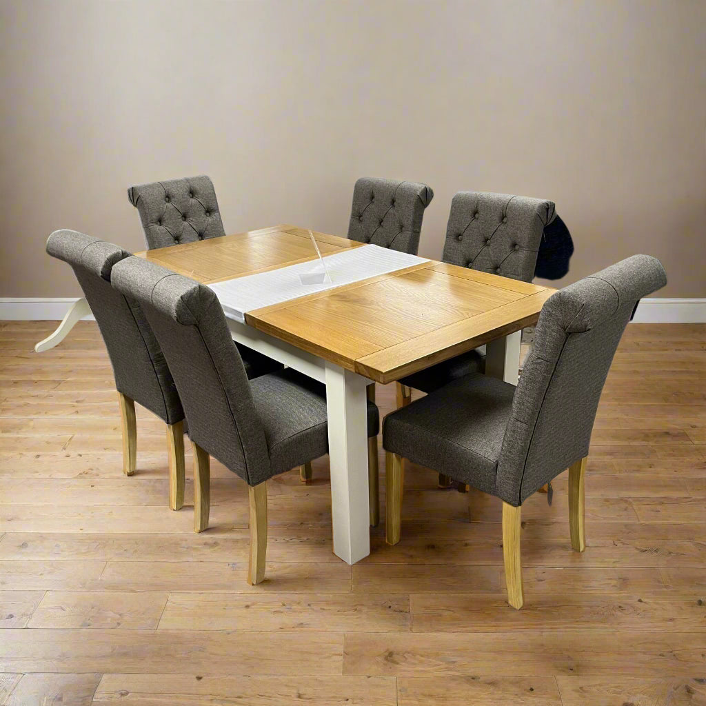 Ivory Leg With Oak Top Dining Table Extending With 6 Fabric Ket Chairs Sheffield Discount Furniture