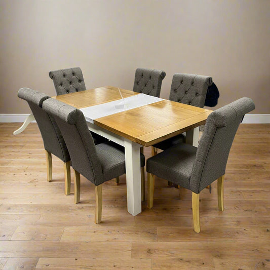 Ivory Leg With Oak Top Dining Table Extending With 6 Fabric Ket Chairs Sheffield Discount Furniture