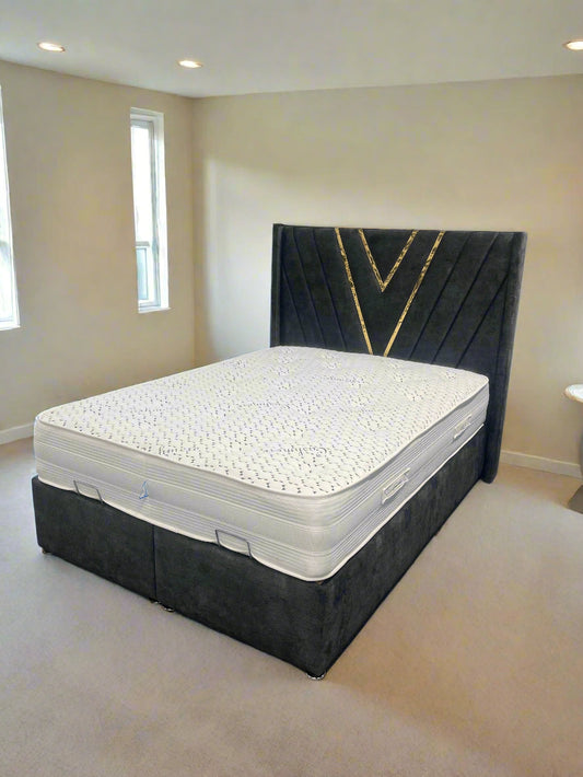 Gold Winged V Headboard exc Mattress - 112 Fabrics - Storage Options Sheffield Discount Furniture