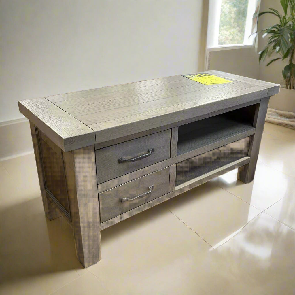 TV Unit Grey Wood With 2 Drawers And Shelf Sheffield Discount Furniture