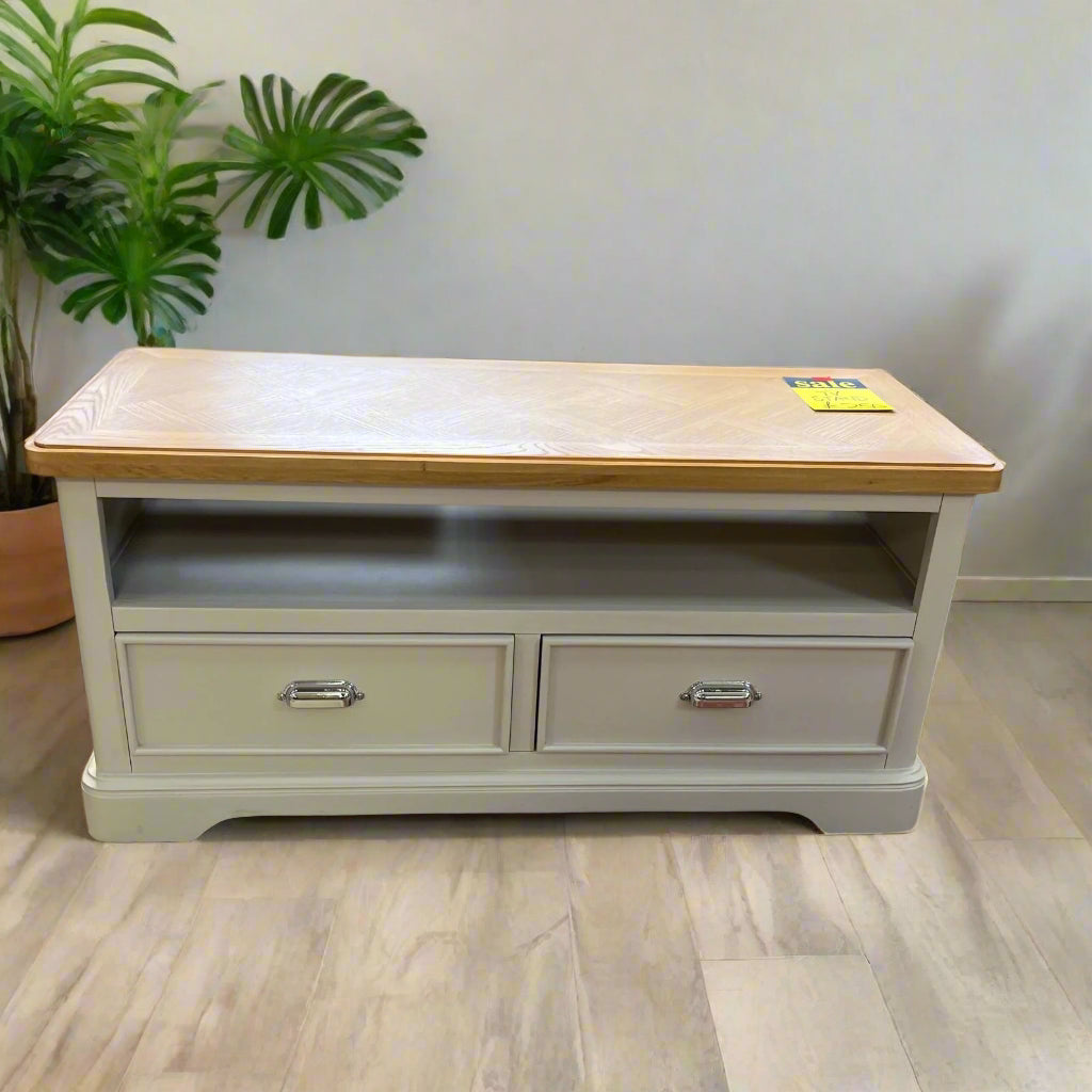 Luxury TV Unit With 2 Drawers And Shelf Grey With Oak Top Sheffield Discount Furniture