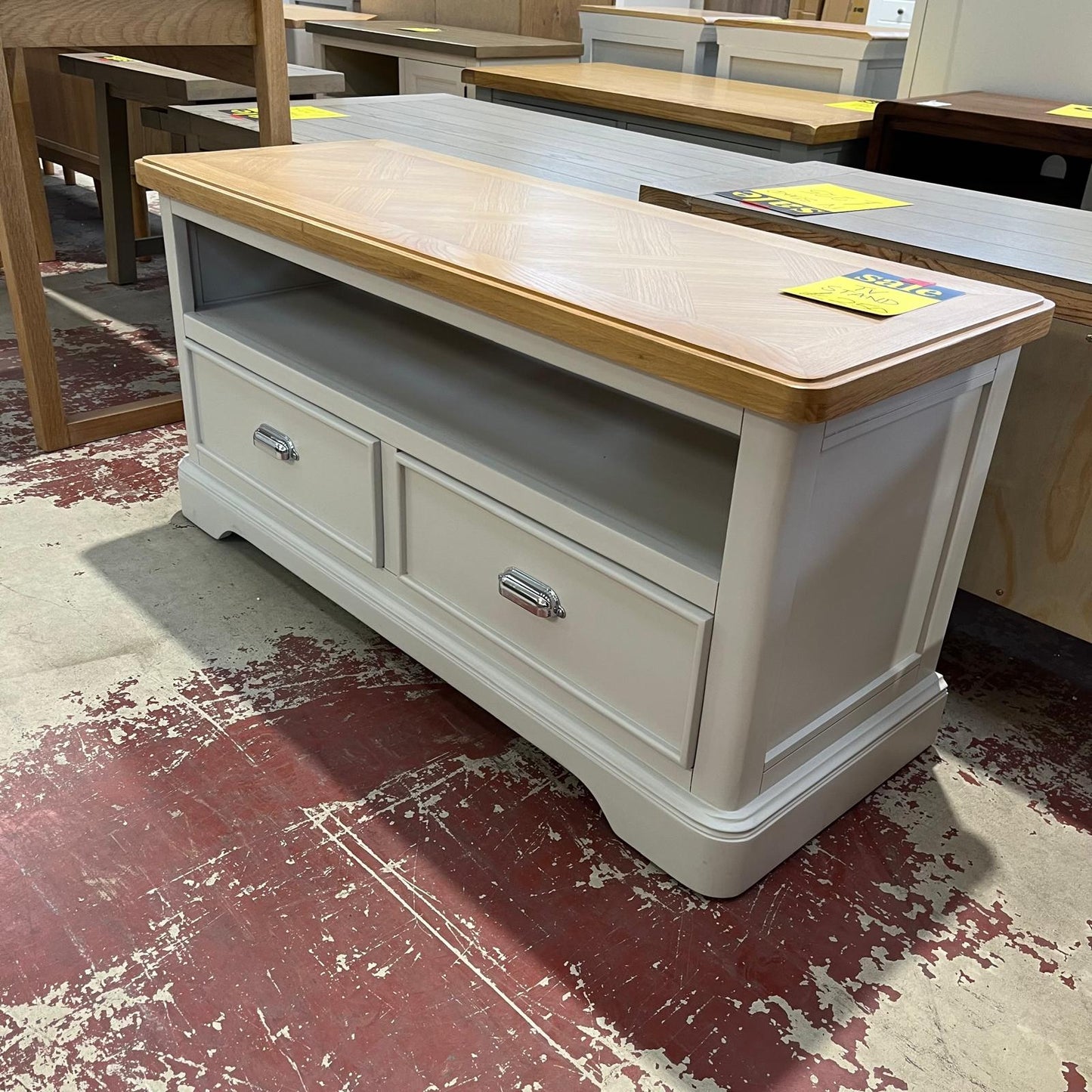 Luxury TV Unit With 2 Drawers And Shelf Grey With Oak Top Sheffield Discount Furniture