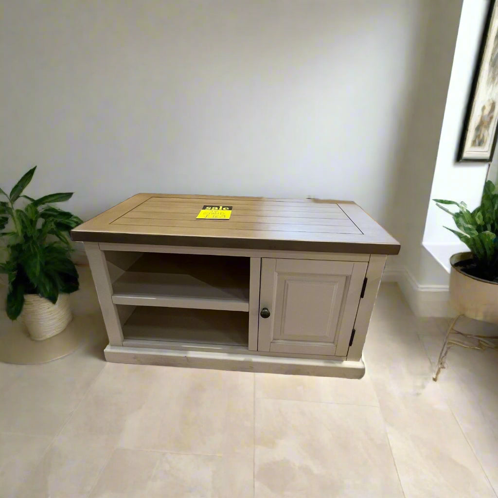 TV Unit Cream Base With Wood Top 1 Door Sheffield Discount Furniture
