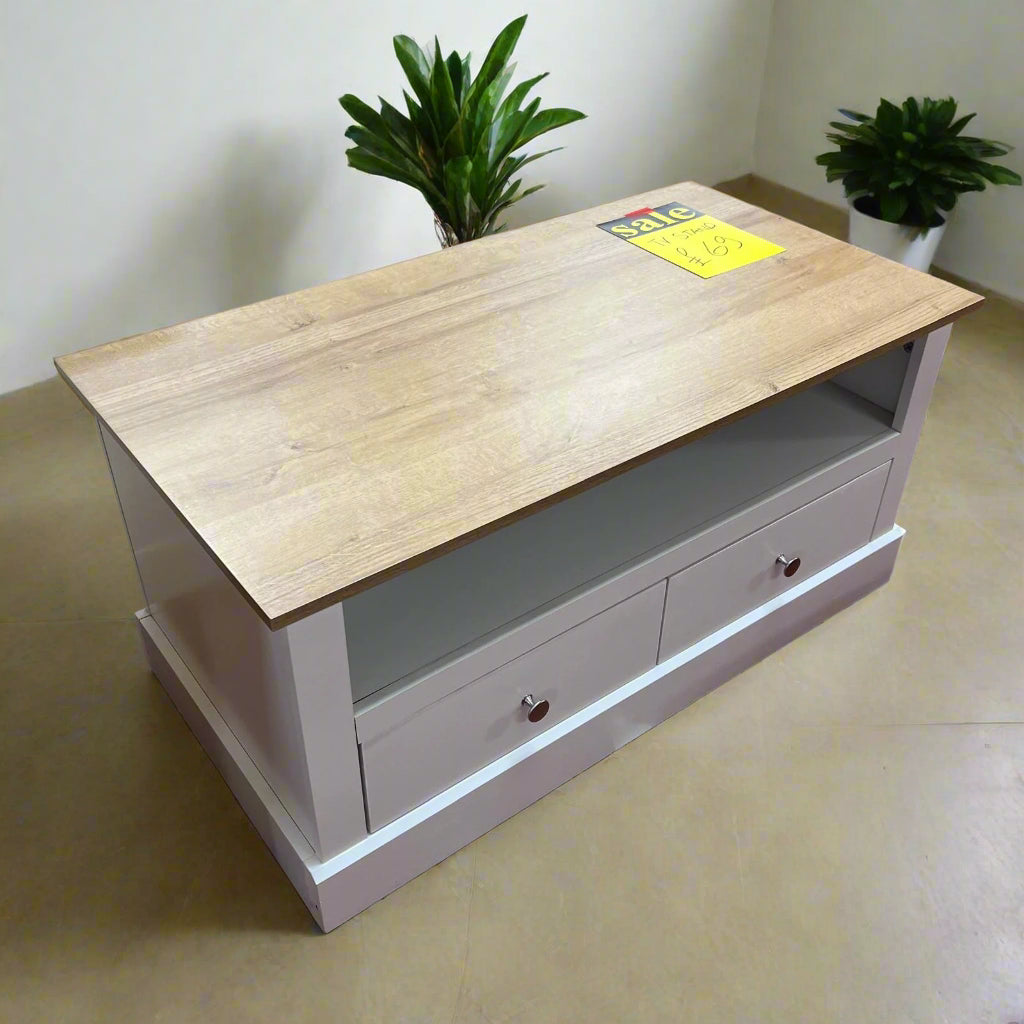 TV Unit White With Wood Top 2 Drawer Sheffield Discount Furniture