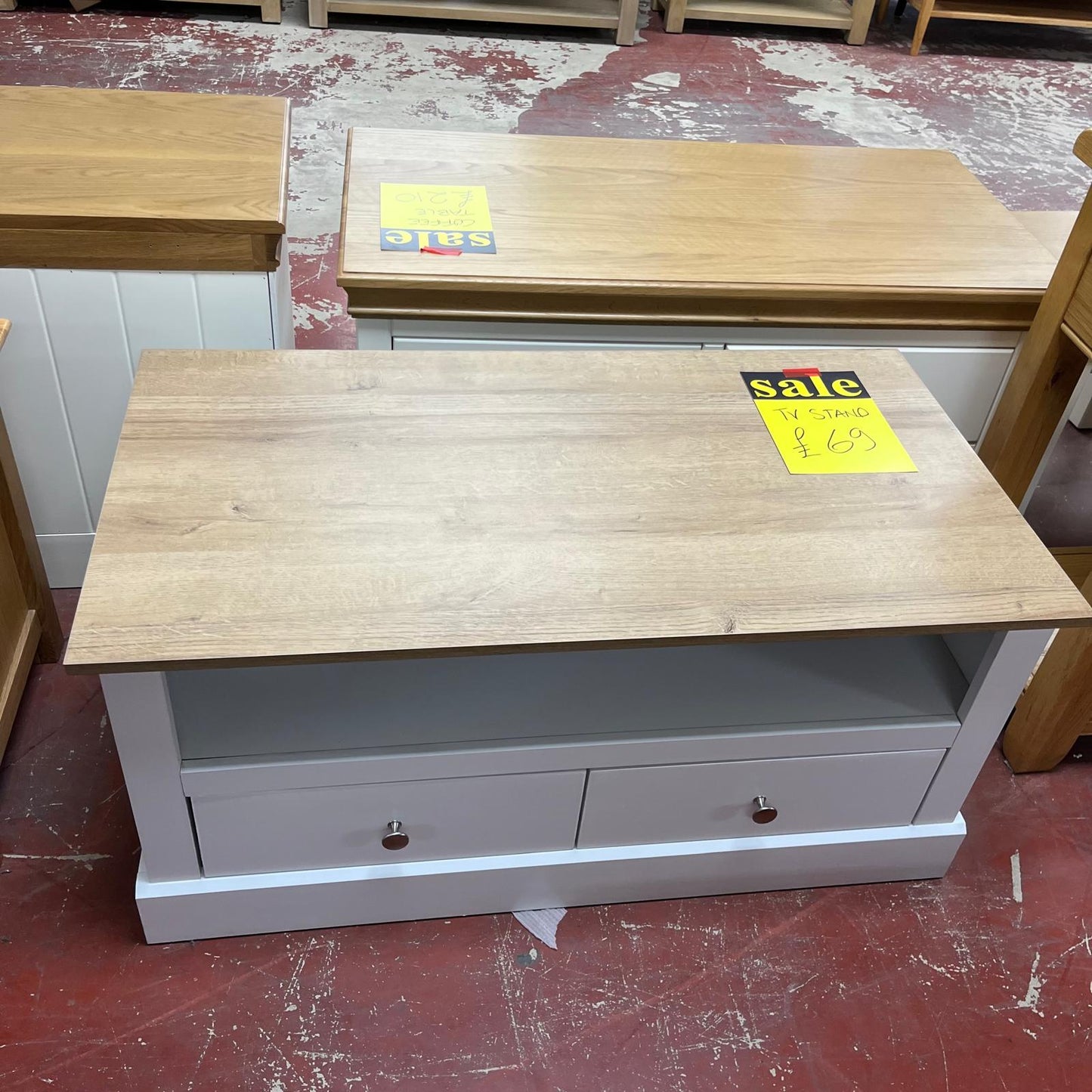 TV Unit White With Wood Top 2 Drawer Sheffield Discount Furniture