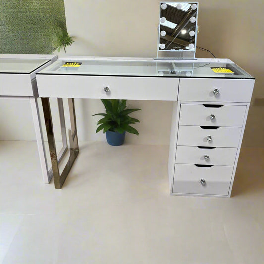 Diana Desk With Glass Top 6 Drawers White Sheffield Discount Furniture