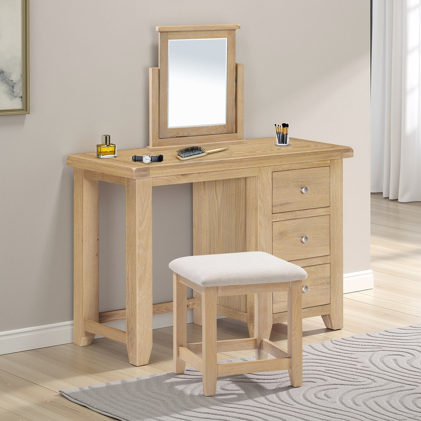 Windi 3-Drawer Dressing Table Set (Ivory/Oak/Grey) Oak Bedroom / Dressing Tables Sheffield Discount Furniture