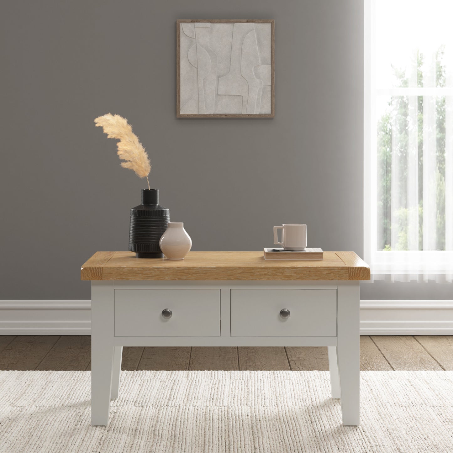 Windi 2 Drawer Coffee Table (Grey/Oak/Ivory)