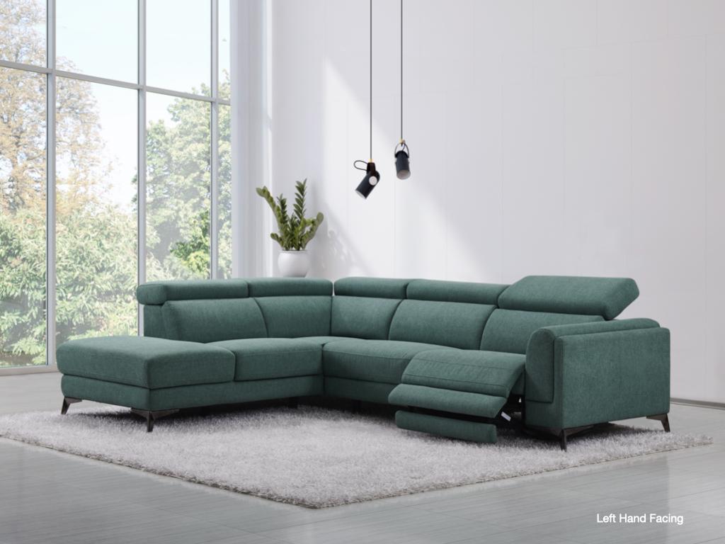 Cordova green fabric electric recliner corner sofa. Available in left or right hand corner.