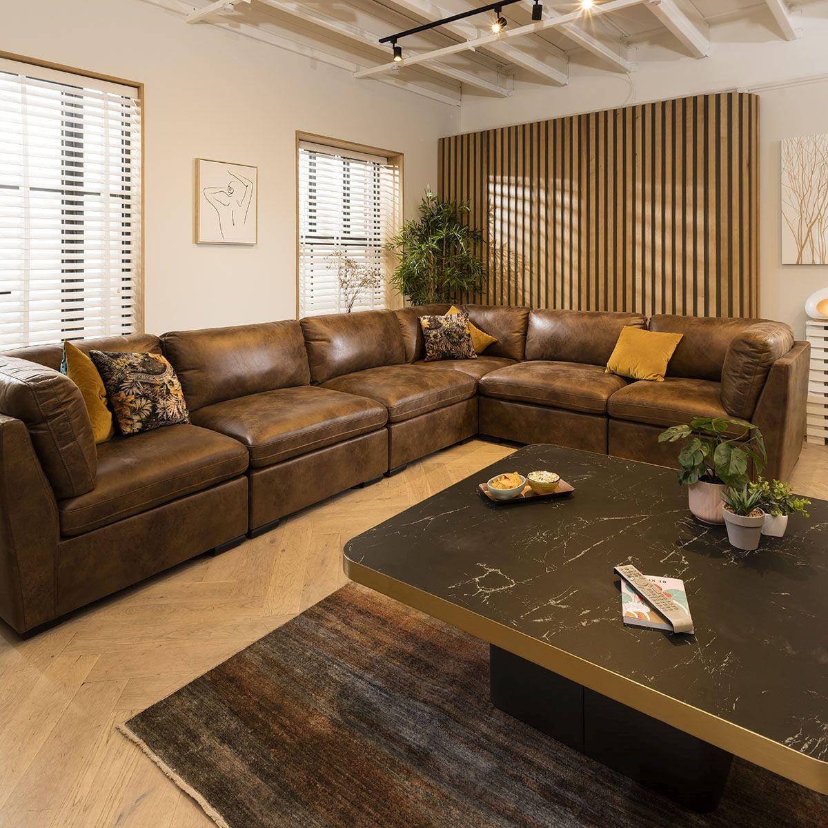 Charlotte 6 Seater Corner Sofa Brown 380x285cm 15L Sheffield Discount Furniture