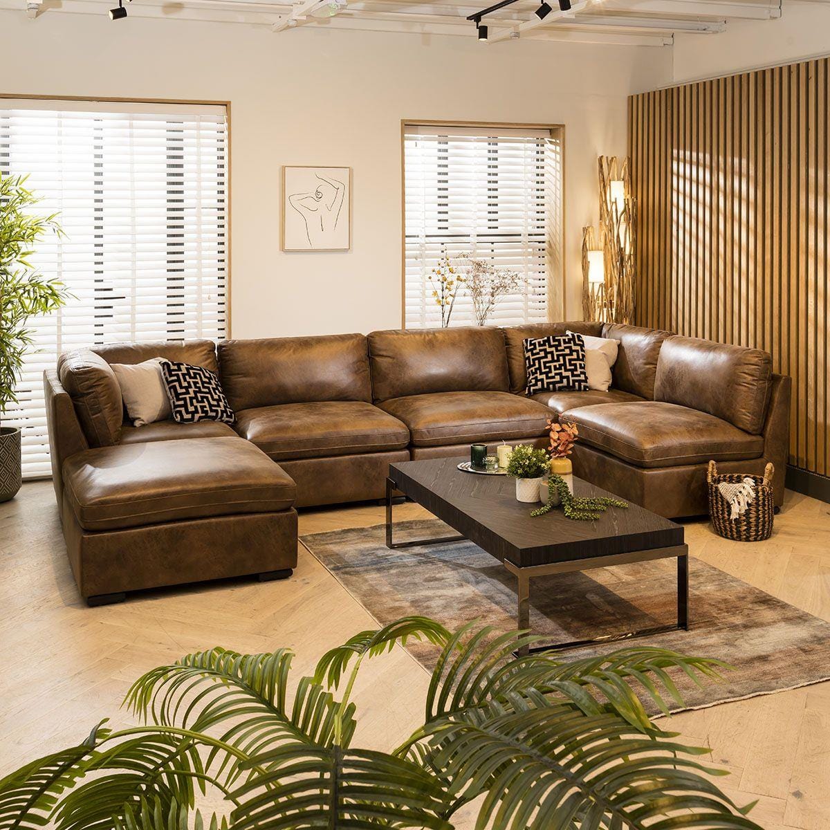 Charlotte 6 Seater U-Shape Sofa Brown 380x190cm 6L Sheffield Discount Furniture