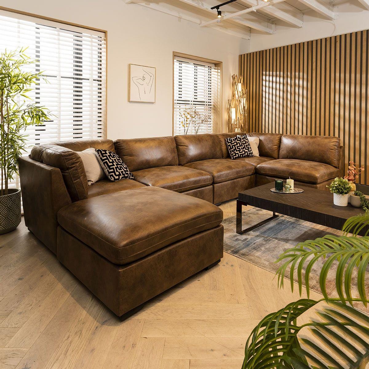 Charlotte 6 Seater U-Shape Sofa Brown 380x190cm 6L Sheffield Discount Furniture
