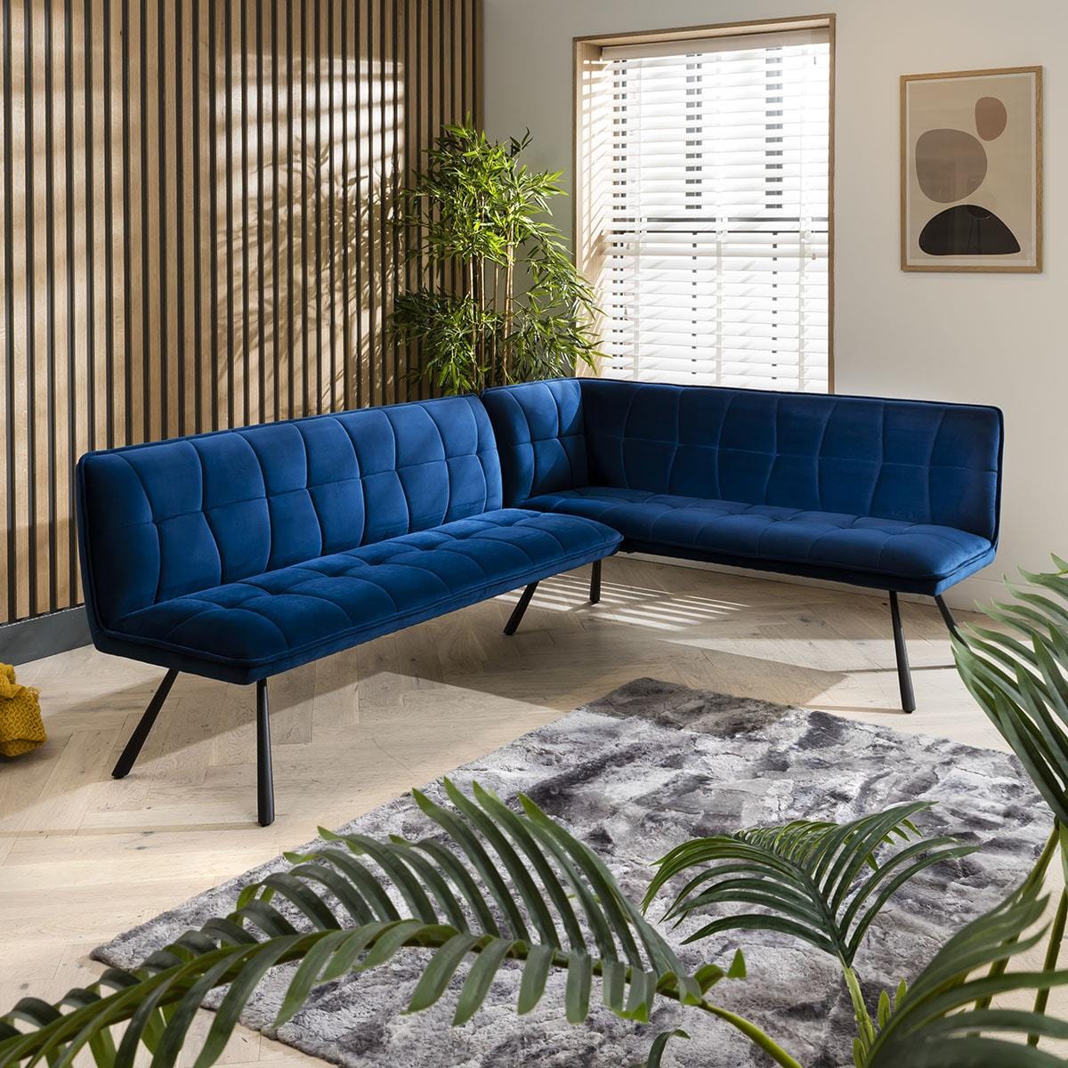 Modern Corner Dining Bench - Blue Velvet Fabric 5 Seater Bench - Left Hand Dining Room / Dining Chairs Sheffield Discount Furniture