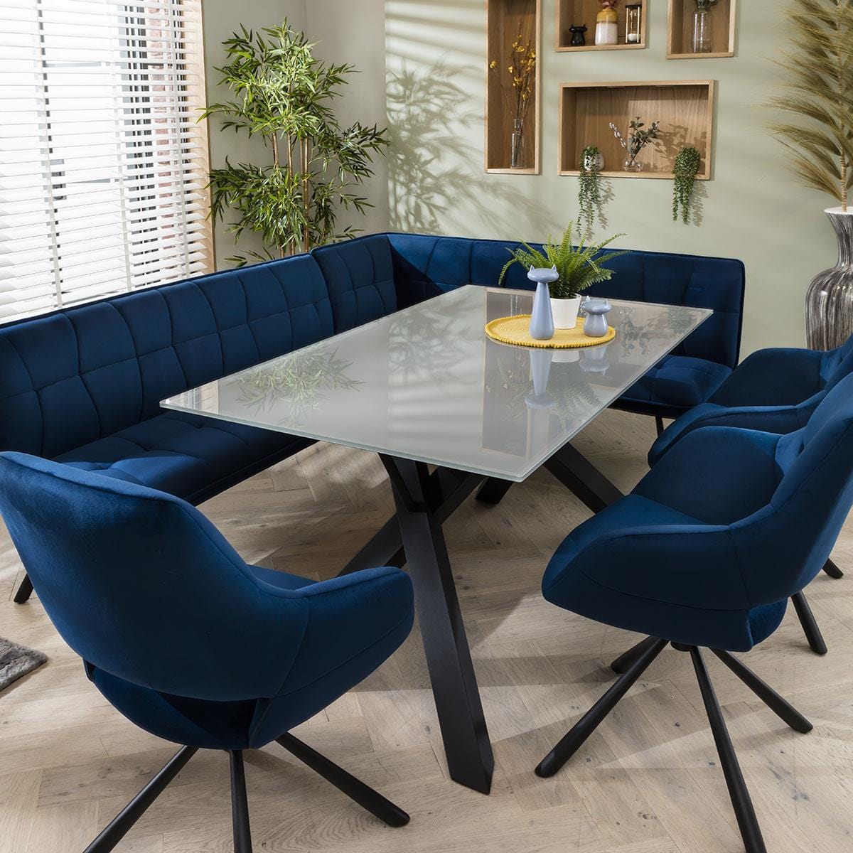 Modern Corner Dining Bench - Blue Velvet Fabric 5 Seater Bench - Left Hand Dining Room / Dining Chairs Sheffield Discount Furniture