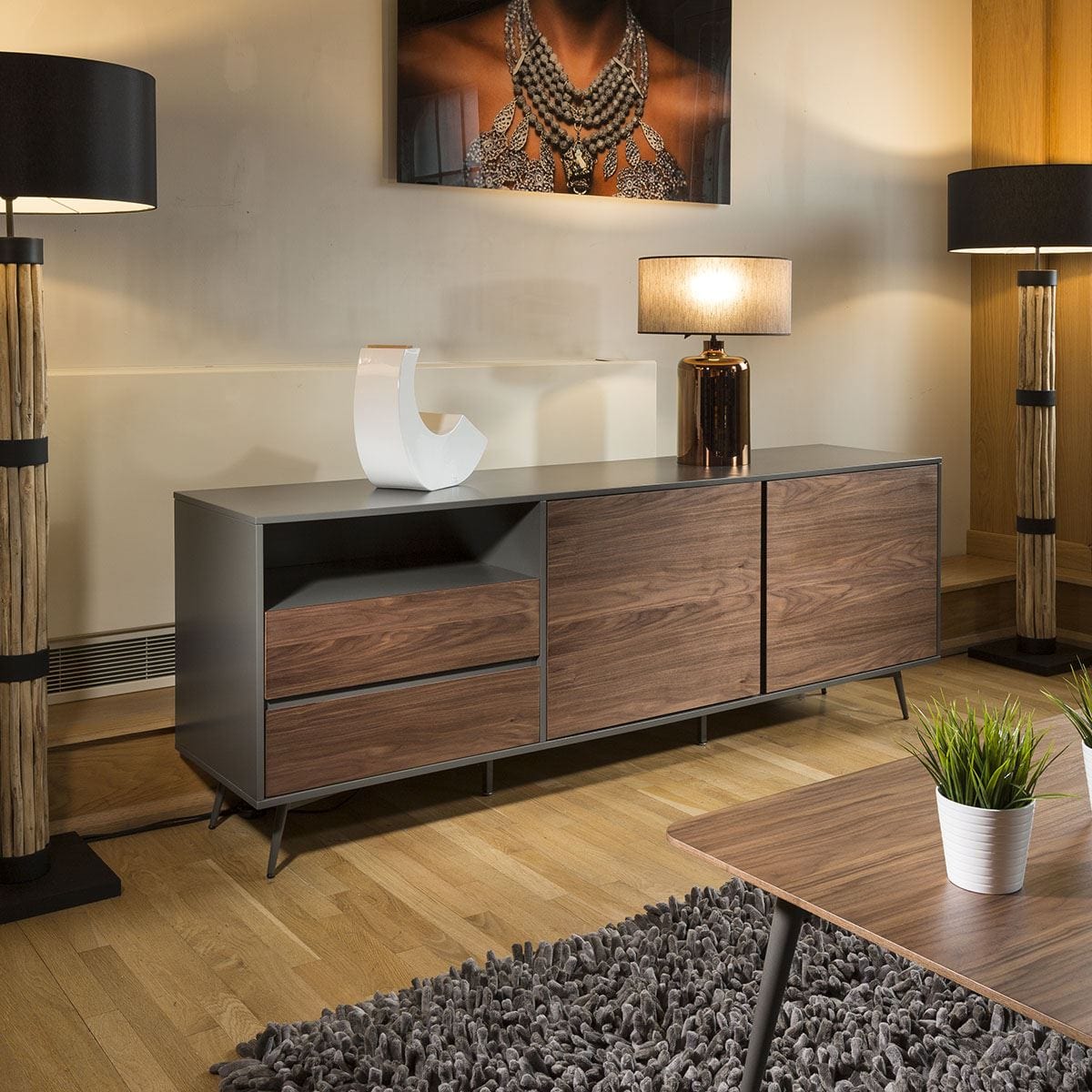 Tembie Large Sideboard Rich Walnut & Grey Fully Assembled Dining Room / Sideboards and Cabinets Sheffield Discount Furniture