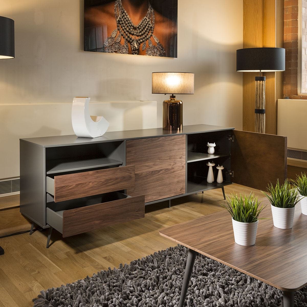Tembie Large Sideboard Rich Walnut & Grey Fully Assembled Dining Room / Sideboards and Cabinets Sheffield Discount Furniture