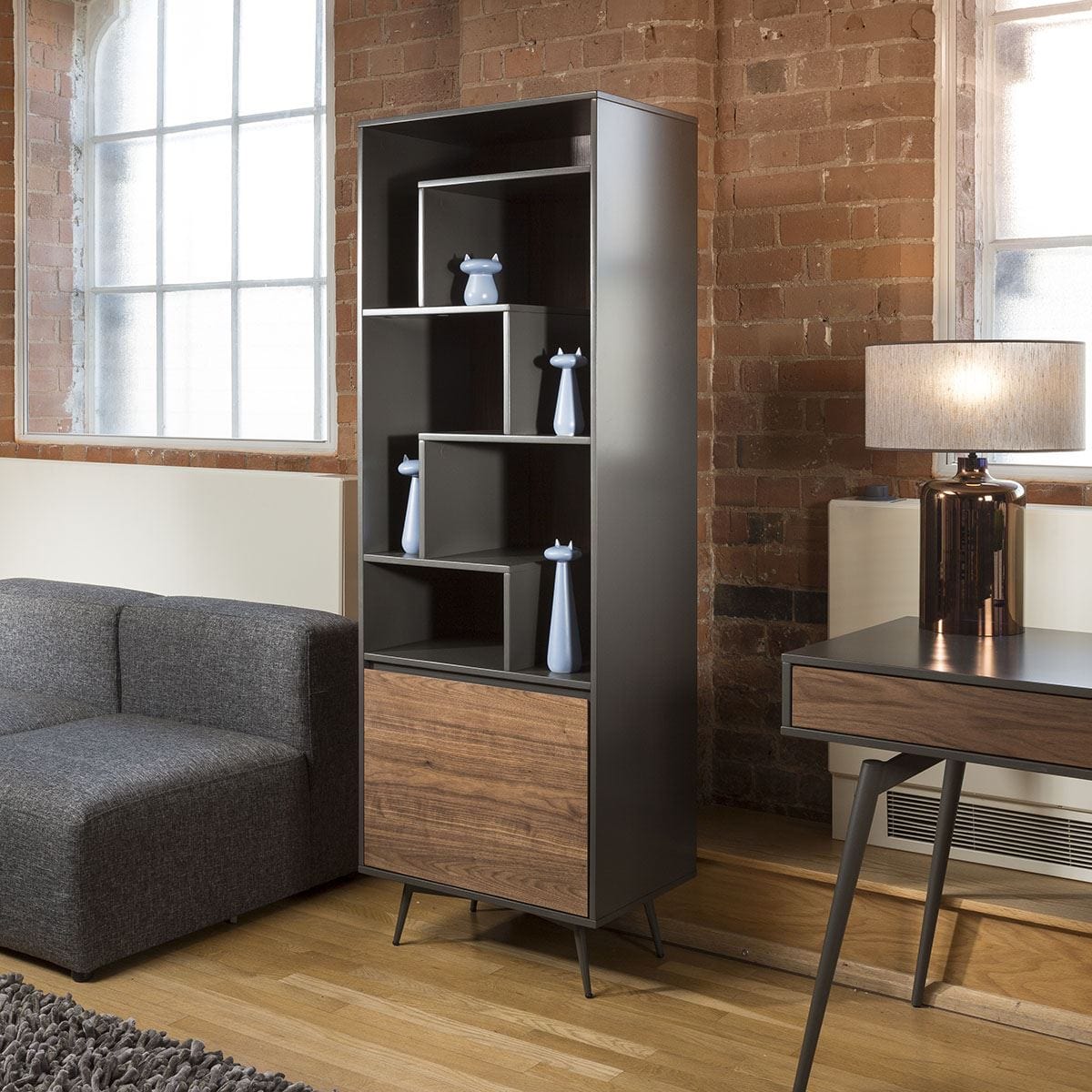 Tembie Tall Bookcase / Display Cabinet Rich Walnut / Grey Dining Room / Sideboards and Cabinets Sheffield Discount Furniture