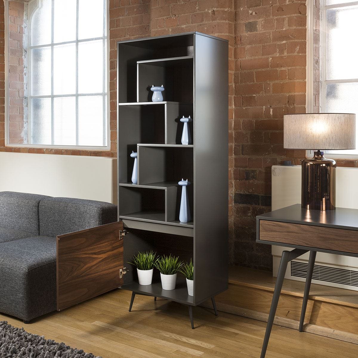 Tembie Tall Bookcase / Display Cabinet Rich Walnut / Grey Dining Room / Sideboards and Cabinets Sheffield Discount Furniture