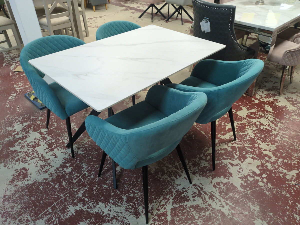 White Timor table + 4x Lucy teal chairs Sheffield Discount Furniture
