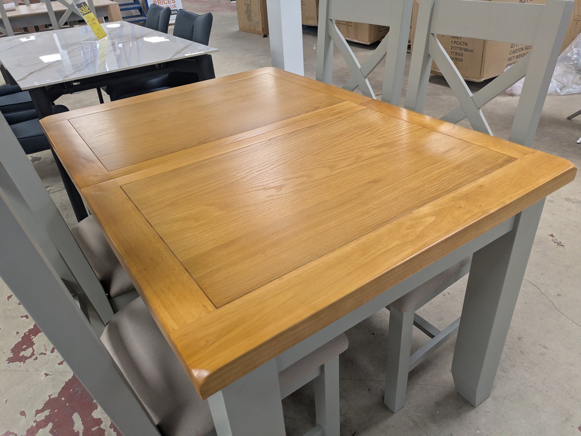 Lucka 120cm - 160cm oak/grey table + 4 x matching chairs Sheffield Discount Furniture