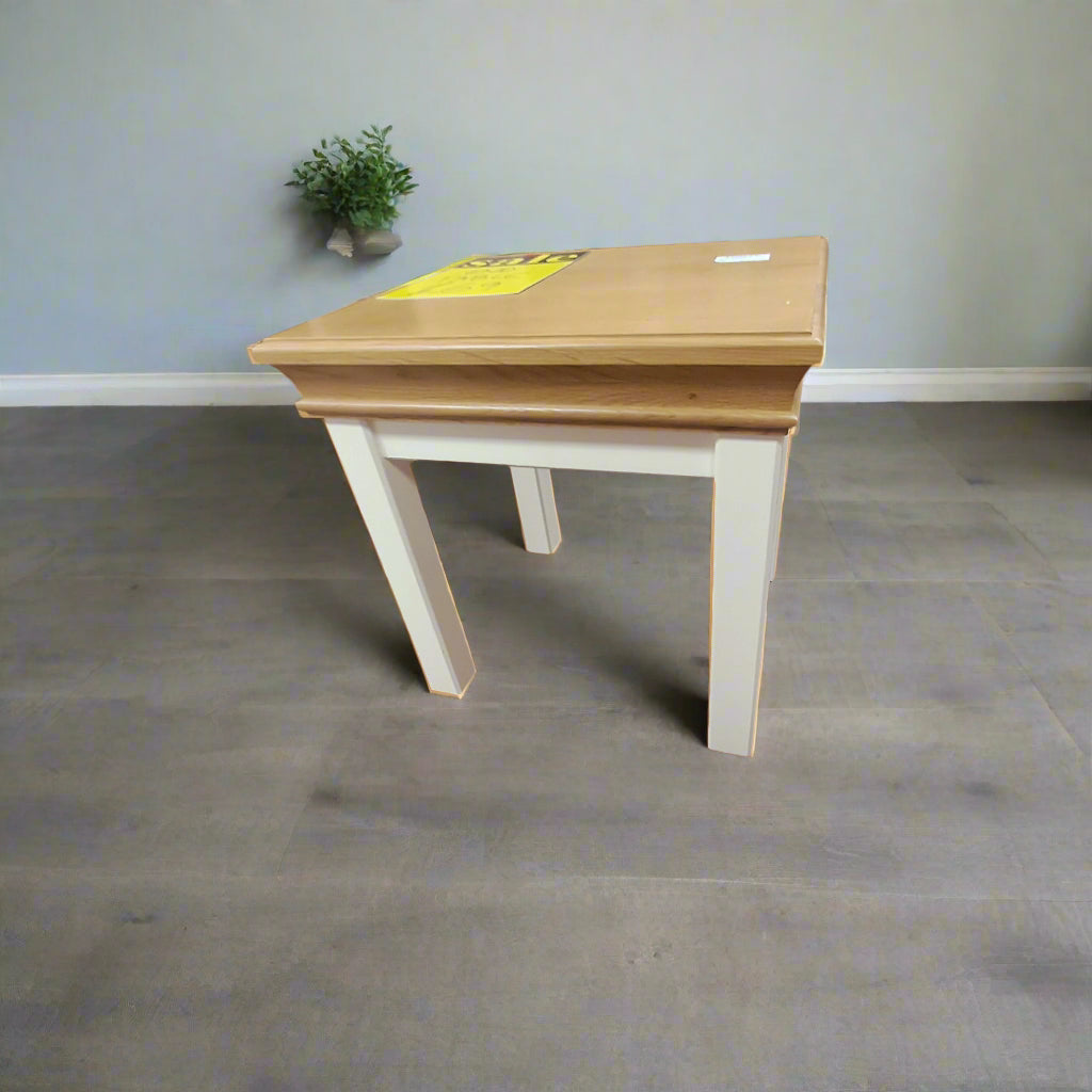 Ivory end table, oak top Living Room / Coffee Tables Sheffield Discount Furniture
