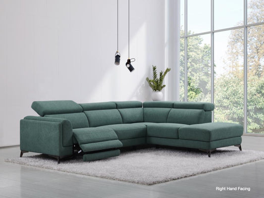 Cordova green fabric electric recliner corner sofa. Available in left or right hand corner.
