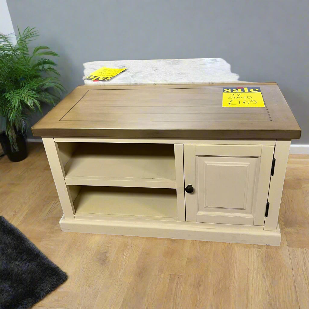 TV Unit Cream With Wood Top Small Sheffield Discount Furniture