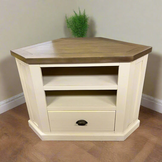Corner TV Stand Cream Base Wood Top 1 Drawer Sheffield Discount Furniture