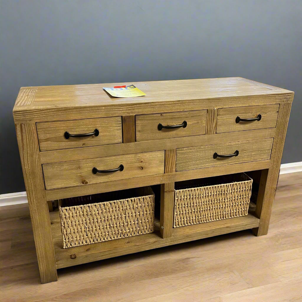 Wooden Sideboard With 5 Drawers & 2 Baskets Sheffield Discount Furniture