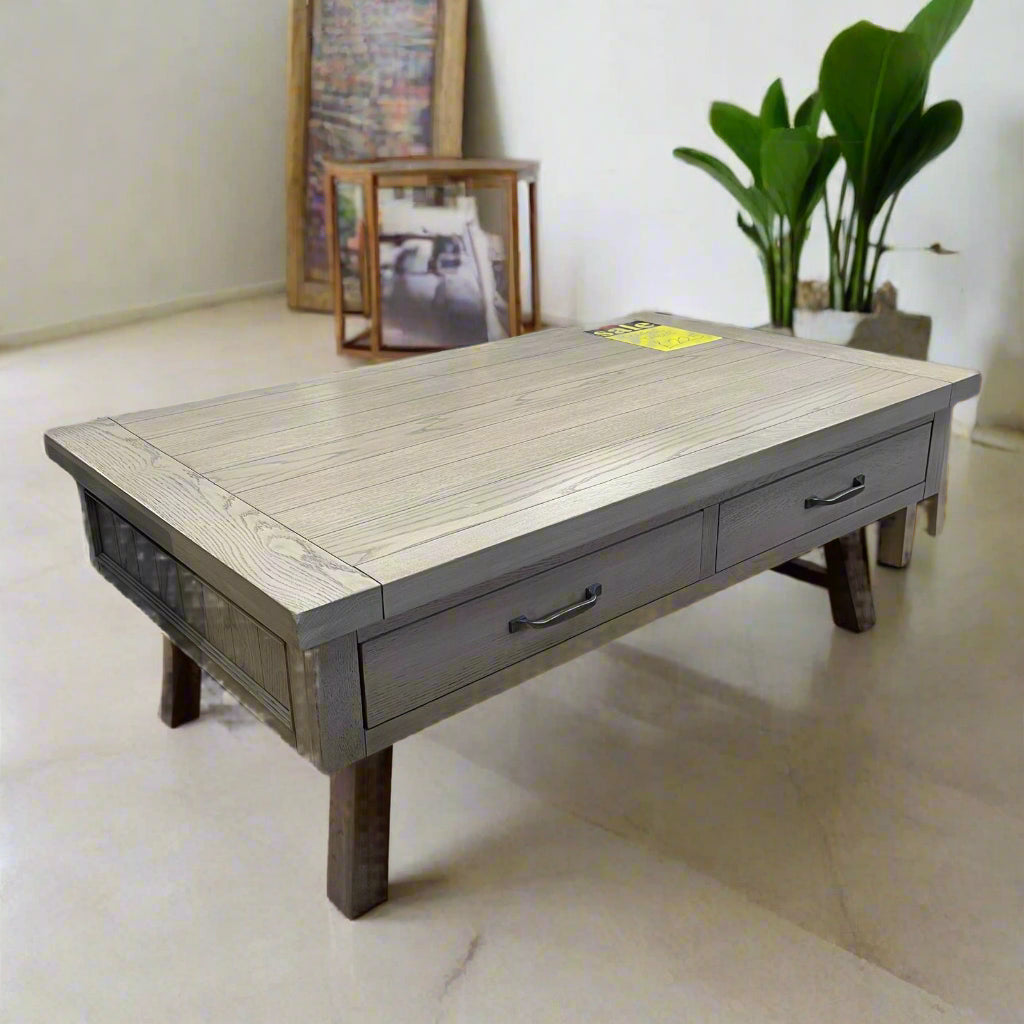 Coffee Table Grey Wood With 2 Drawers Rectangle Sheffield Discount Furniture