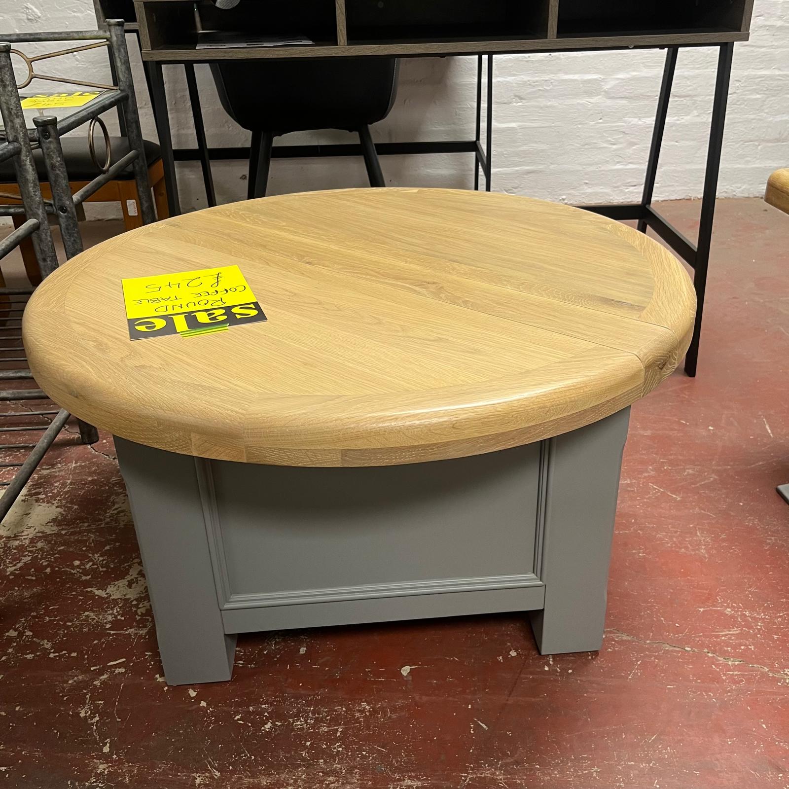 Round Coffee Table With Oak Top And Grey Storage Base Sheffield Discount Furniture