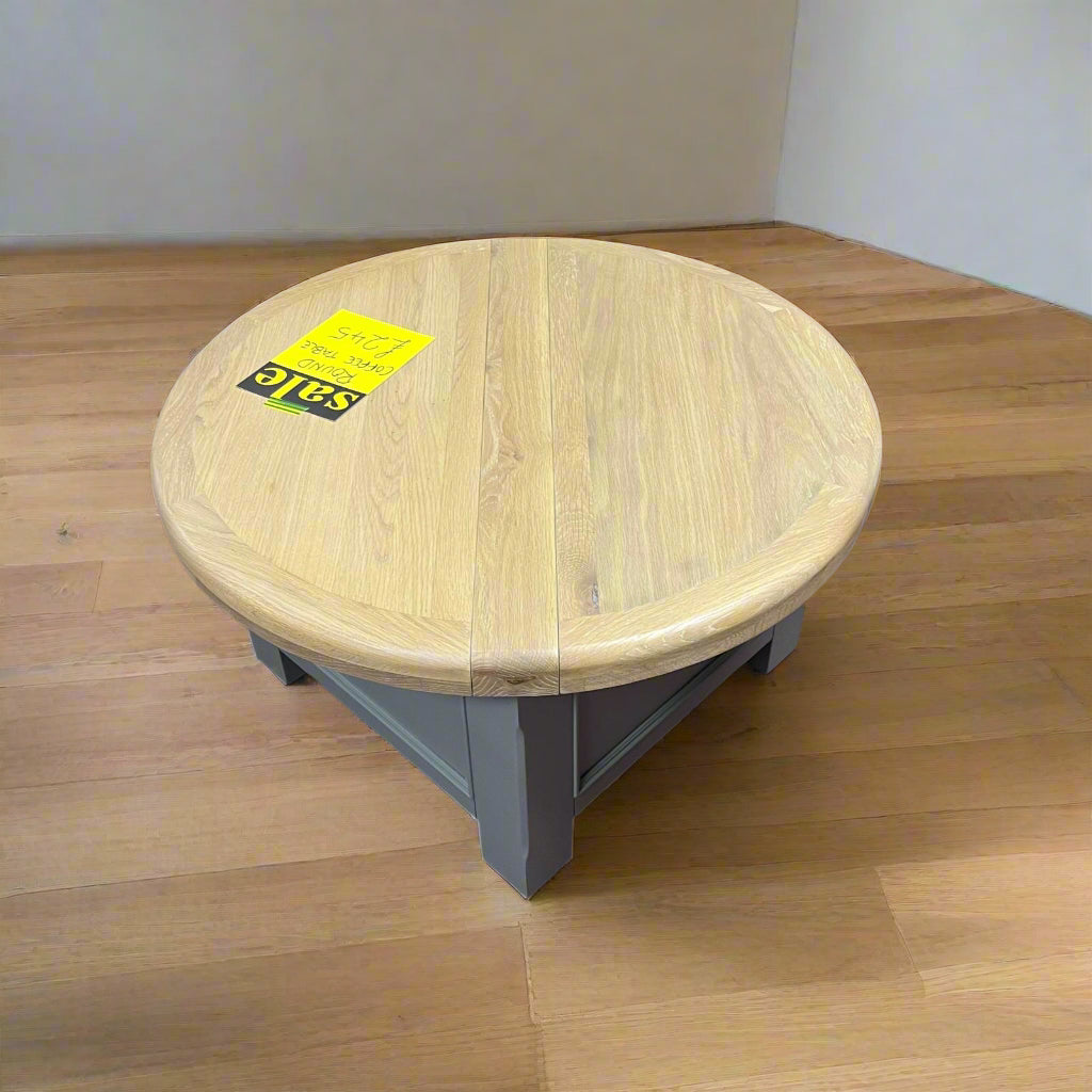 Round Coffee Table With Oak Top And Grey Storage Base Sheffield Discount Furniture