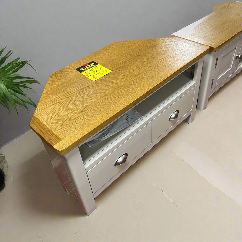 Corner TV Unit Grey And Oak With Double Drawer Sheffield Discount Furniture