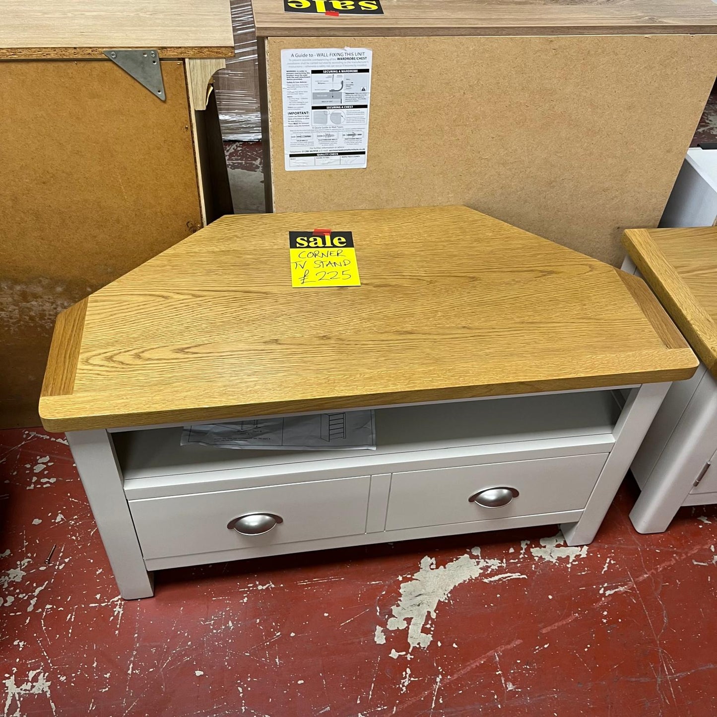 Corner TV Unit Grey And Oak With Double Drawer Sheffield Discount Furniture