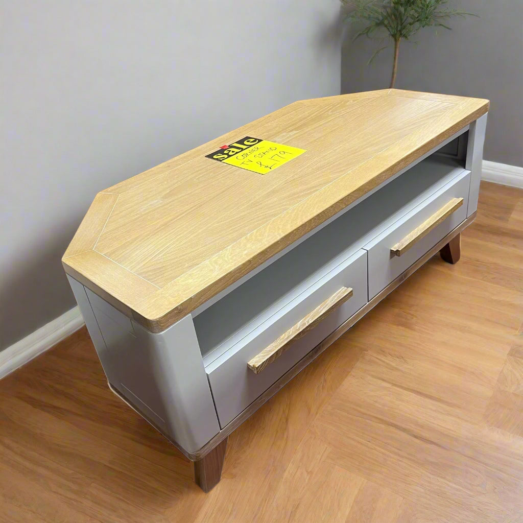 Corner TV Unit White And Oak With 2 Drawers Sheffield Discount Furniture
