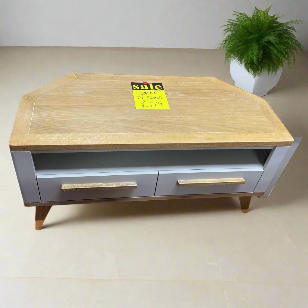 Corner TV Unit White And Oak With 2 Drawers Sheffield Discount Furniture