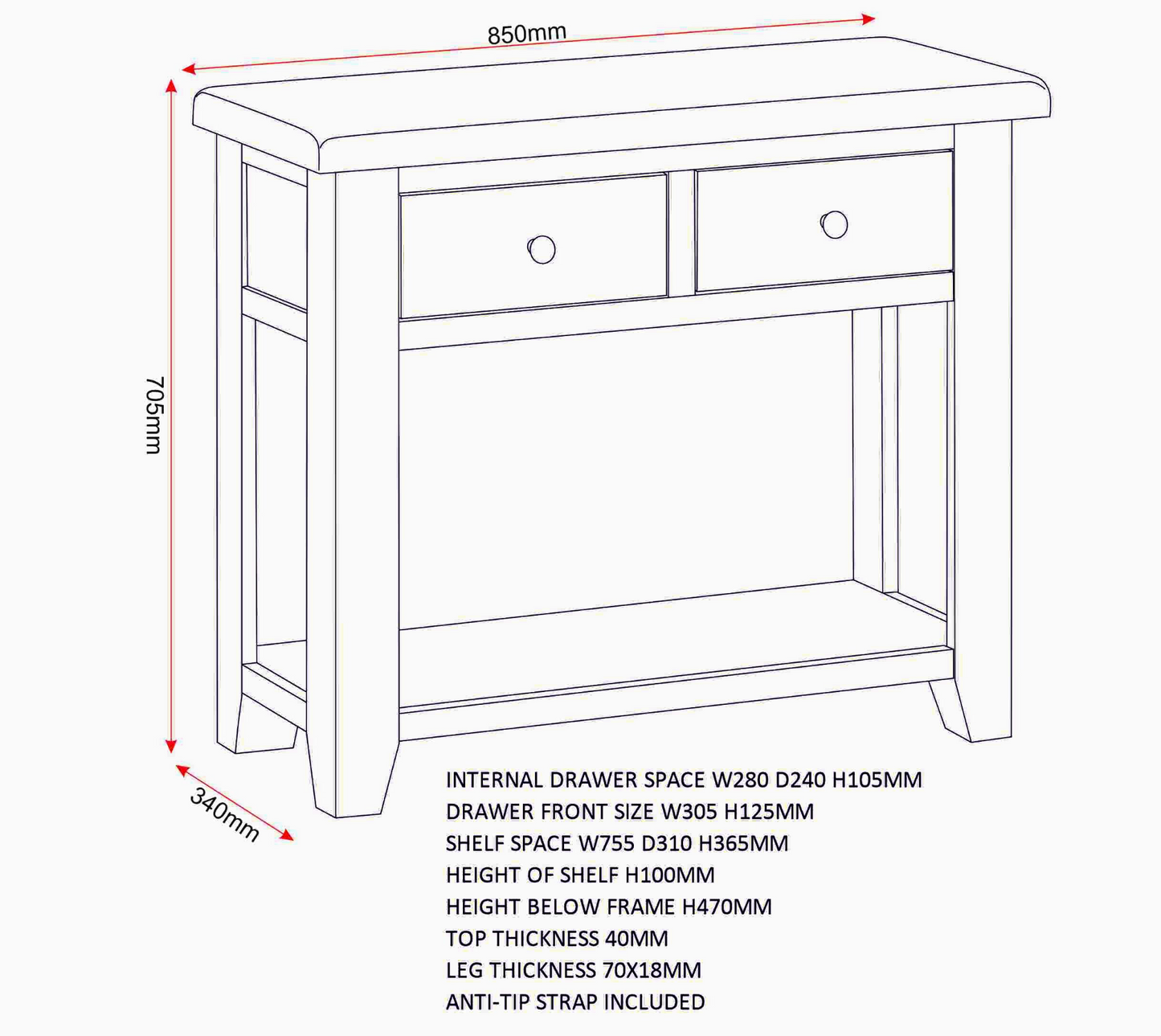Windi 2 Drawer Console Table (Grey/Oak/Ivory)