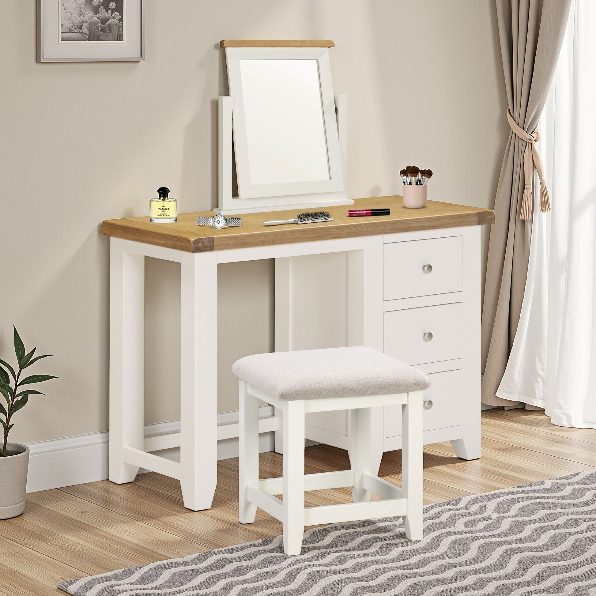 Windi 3-Drawer Dressing Table Set (Ivory/Oak/Grey) White Bedroom / Dressing Tables Sheffield Discount Furniture