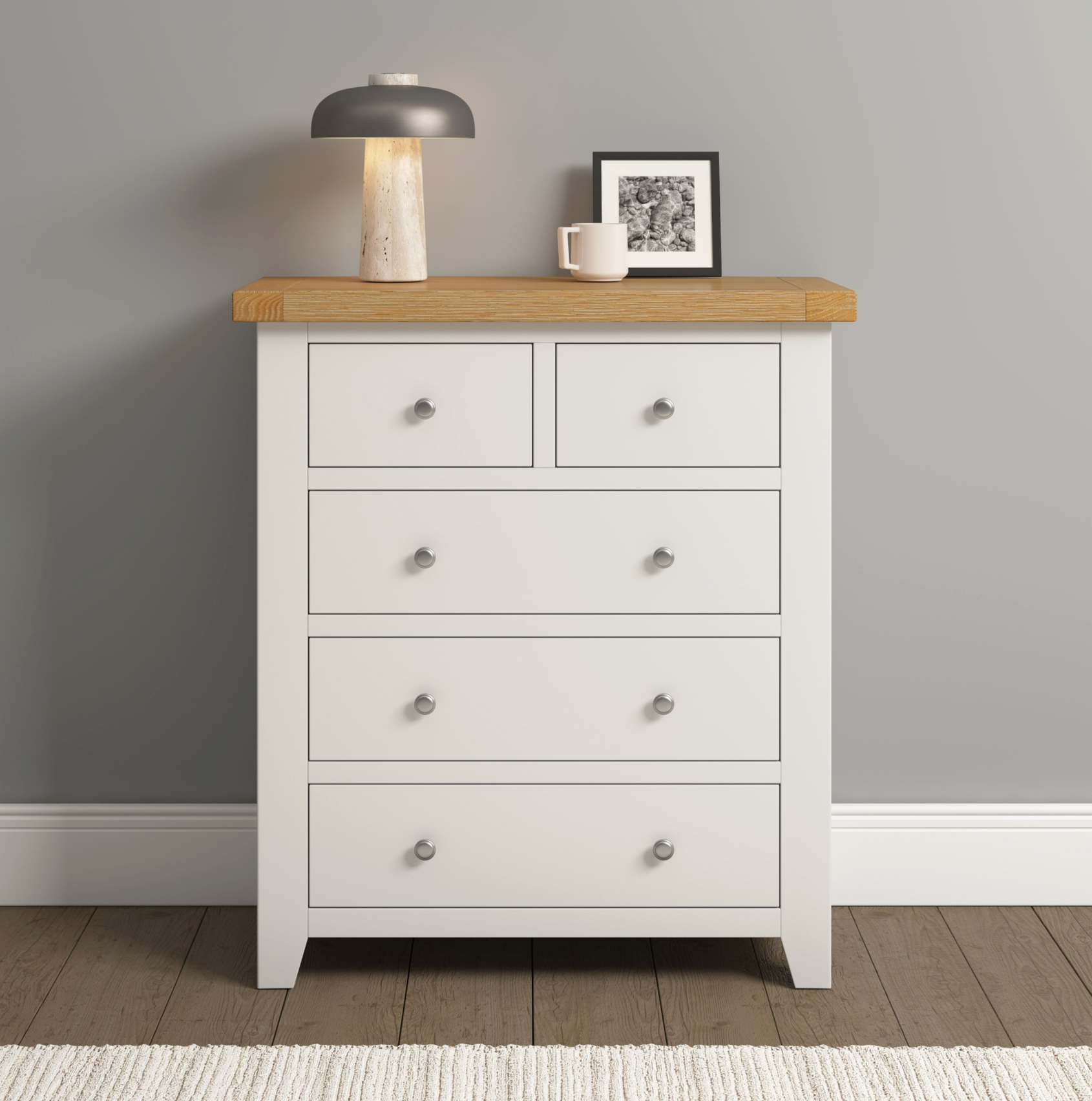 Windi 3+2 Drawer Chest (Oak/Ivory/Grey) White Bedroom / Dressing Tables Sheffield Discount Furniture
