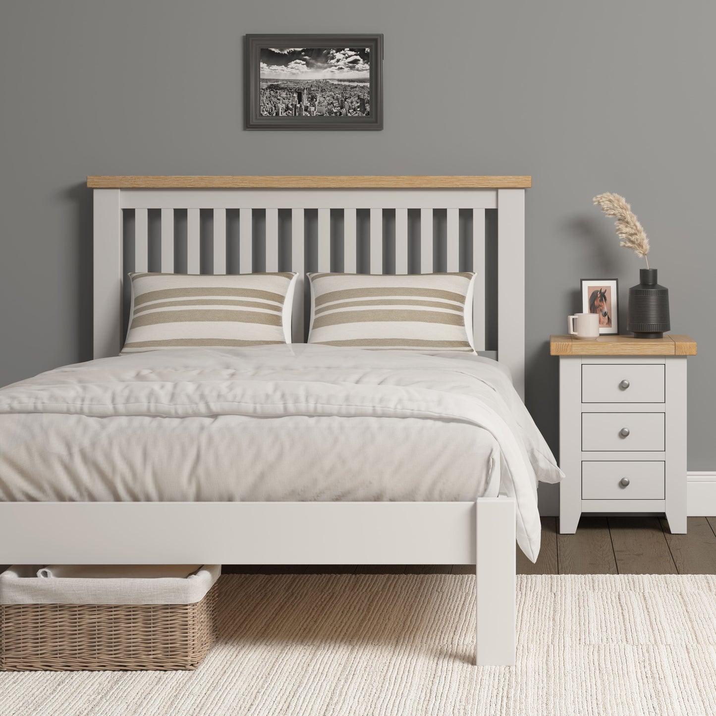 Windi Bed Frame Low End - Double or King (Ivory/Oak/Grey)