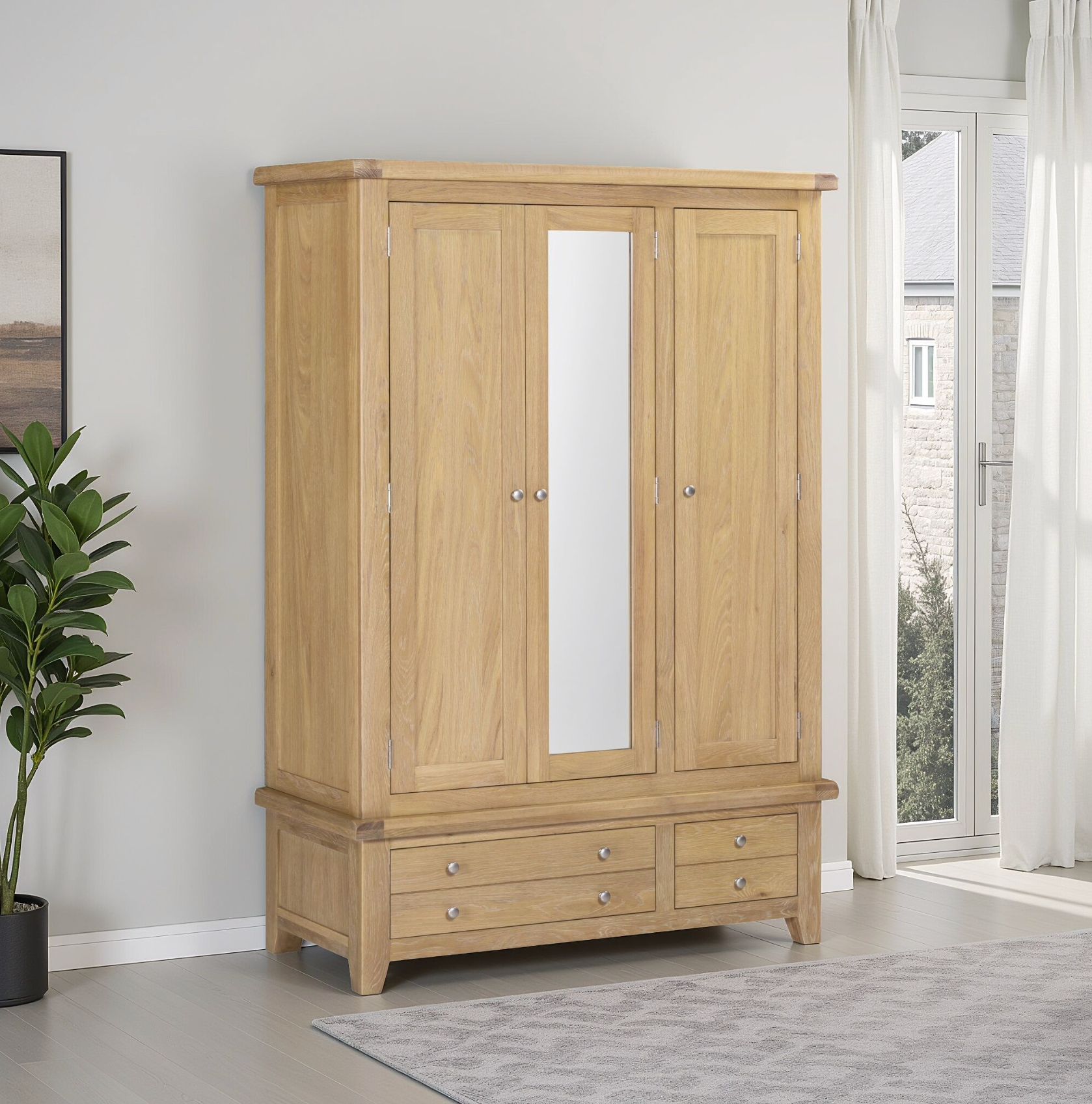 Windi 3 Door 2 Drawer Wardrobe with Mirror (Grey/Oak/Ivory) Oak Sheffield Discount Furniture