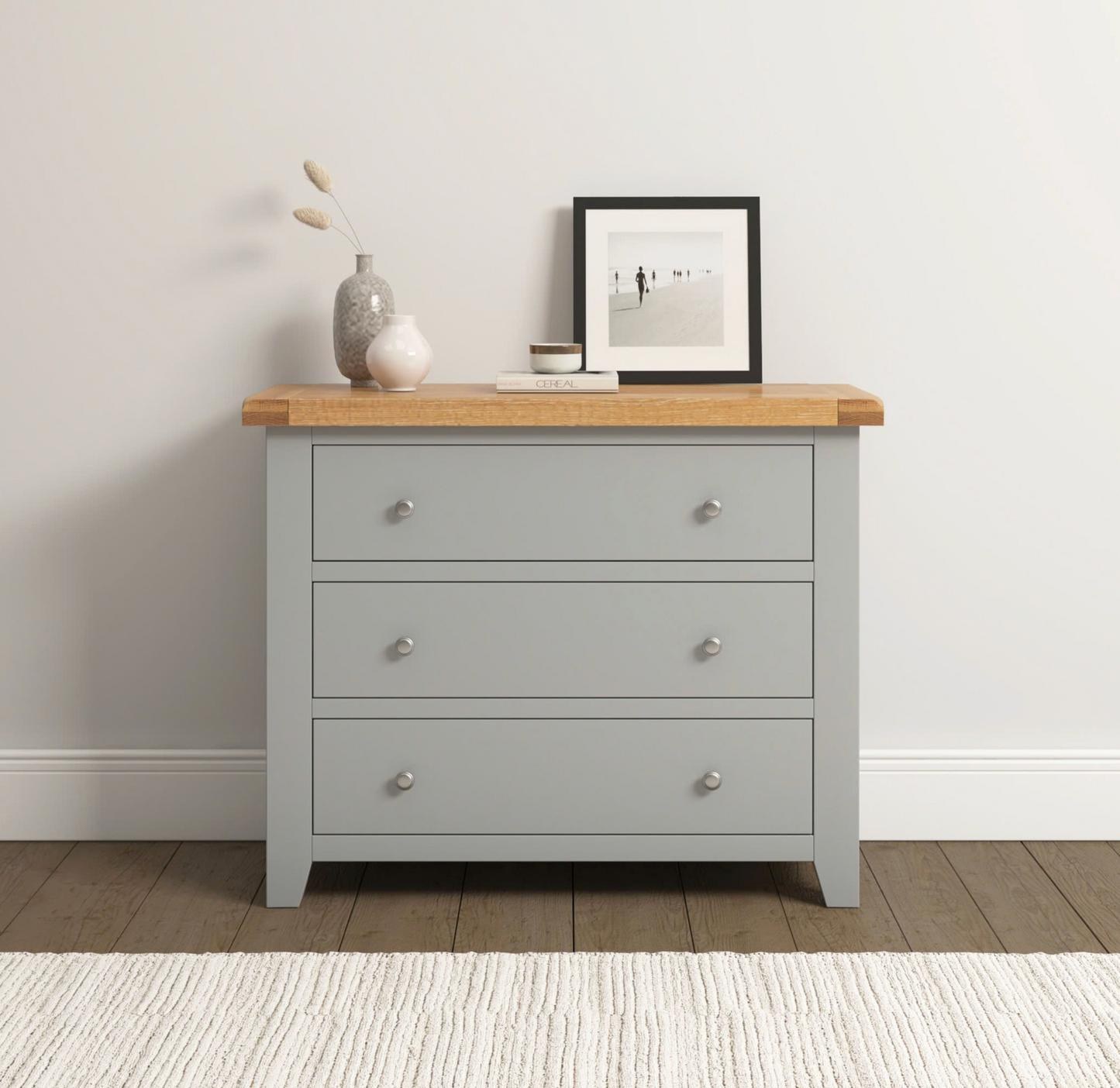 Windi 3 Drawer Chest (Oak/Ivory/Grey) Light Grey Bedroom / Dressing Tables Sheffield Discount Furniture
