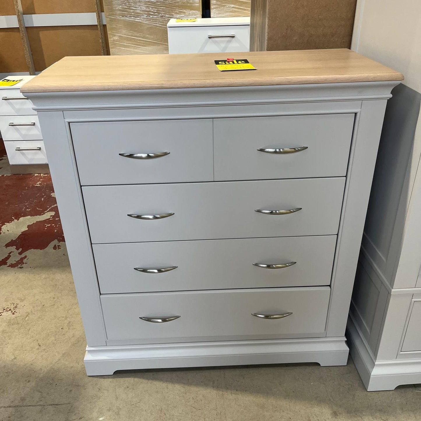 Cobble 3 + 2 Chest Of Drawers Grey With Oak Top Sheffield Discount Furniture