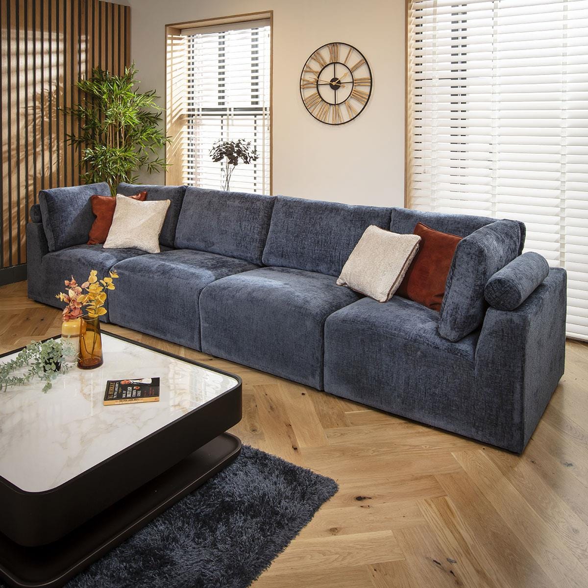 Victoria 4 Seater Modular Sofa Blue Chenille 348x92cm 16