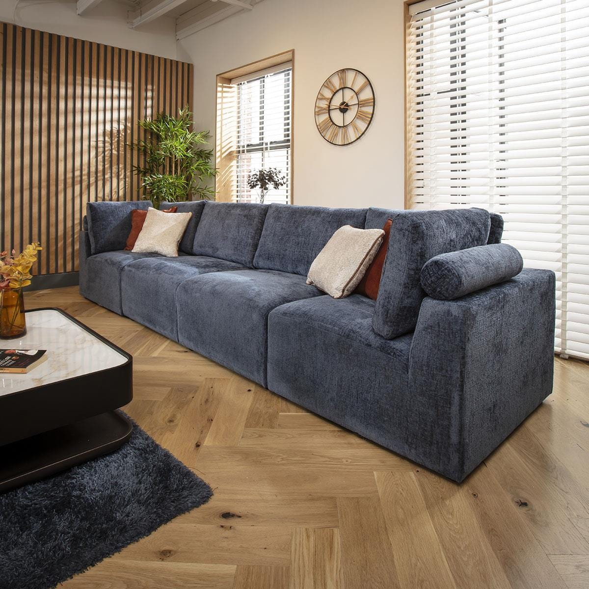 Victoria 4 Seater Modular Sofa Blue Chenille 348x92cm 16